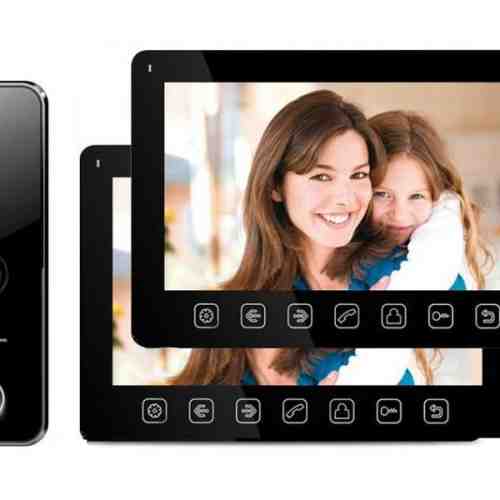 Kit videointerfon 2 monitoare interior 7 inch cu control acces, intercomunicatie si RFID