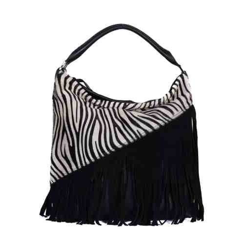 GEANTA DAMA NEAGRA FRANJURI SI BLANA PRINT ZEBRA PIELE NATURALA ADELIE