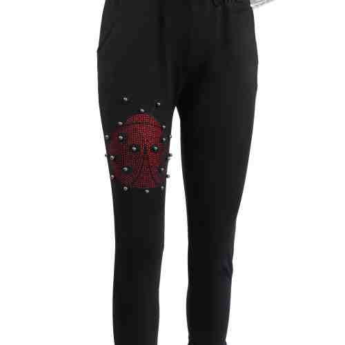 Pantalon 3/4 damă - negru cu o gărgăriţă din strass și perle argintii