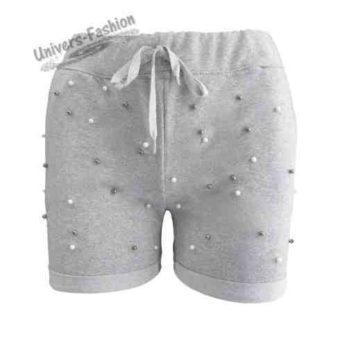 Pantalon scurt damă - gri cu perle albe și argintii în faţă