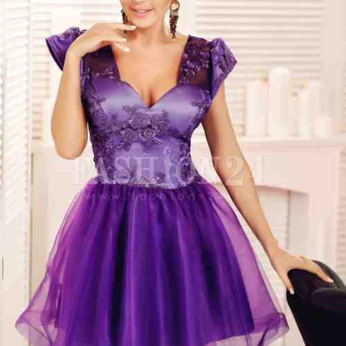 Rochie baby doll mov cu dantela