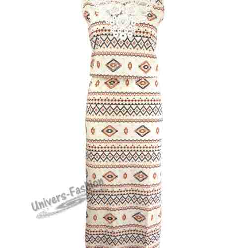 Rochie lungă - ecru, imprimeu etnic maro, elastic la talie