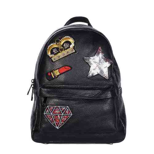 RUCSAC DAMA NEGRU STICKERE PIELE NATURALA LOREDANA
