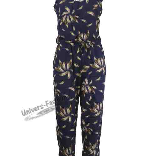 Salopetă cu 2 buzunare, culoare albastru cu imprimeu maro de pene și elastic la talie