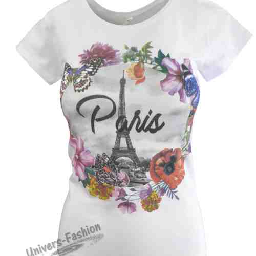 Tricou damă - alb, imprimeu "Paris" cu turnul Eiffel