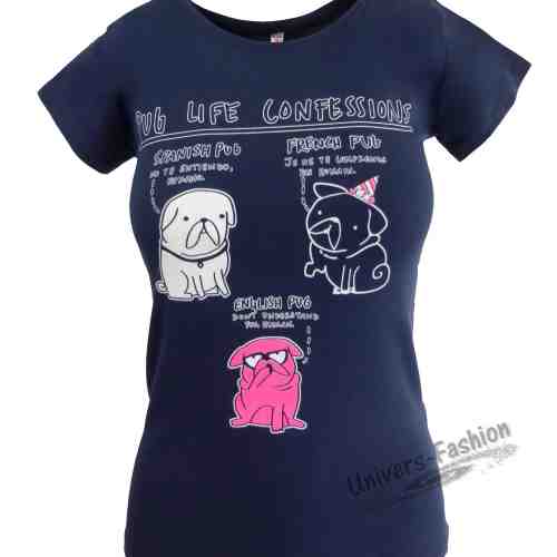 Tricou damă - albastru, imprimeu cu câini Pug life confessions"