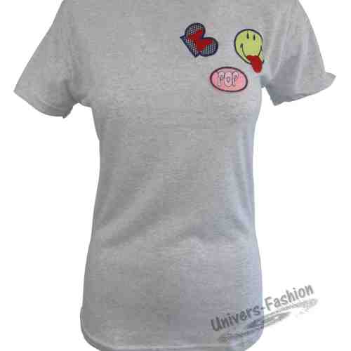 Tricou damă - gri cu emoticon pe piept