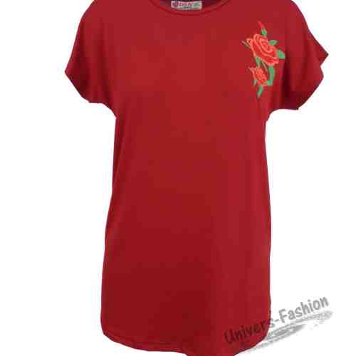 Tricou damă - rosu cu flori pe piept