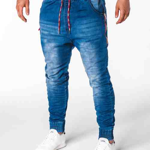 Blugi pentru barbati, albastri cu siret, elastici, semi-tur, slim fit, banda jos - P648