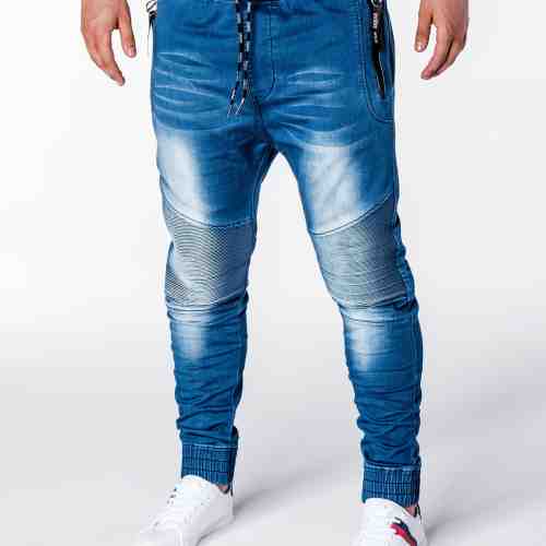 Blugi pentru barbati, albastri cu siret, elastici, semi-tur, slim fit, banda jos - P649
