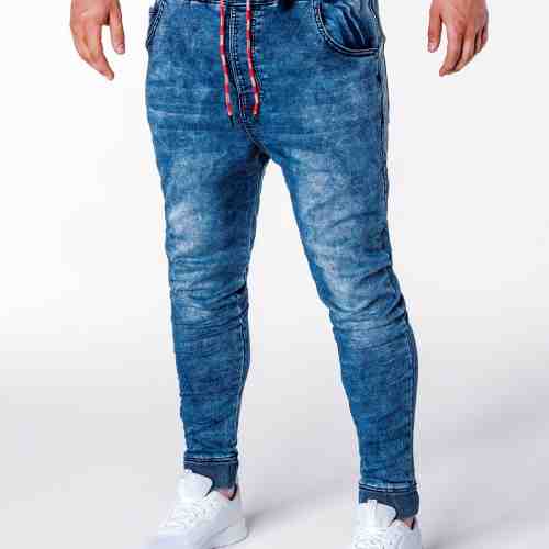 Blugi pentru barbati, albastri cu siret, elastici, semi-tur, slim fit, banda jos - P650
