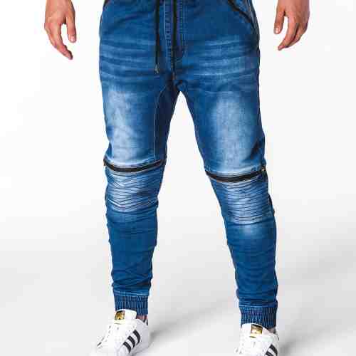 Blugi pentru barbati, albastri cu siret, elastici, semi-tur, slim fit, banda jos - P651