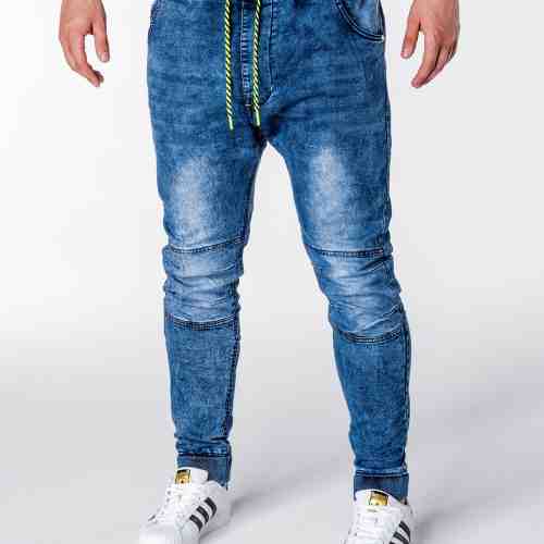 Blugi pentru barbati, albastri cu siret, elastici, semi-tur, slim fit, banda jos - P652
