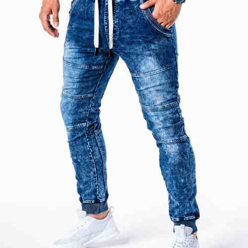 Blugi pentru barbati, albastri, slim fit, conici, siret alb, casual, skinny, banda jos - P551