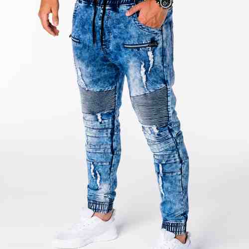 Blugi pentru barbati, albastru cu siret, model genunchi, elastici, slim fit - P675