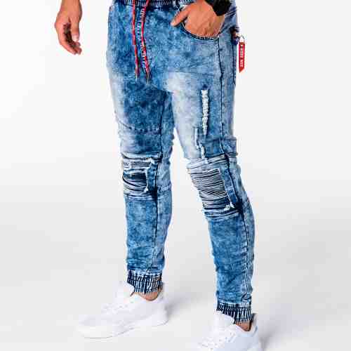 Blugi pentru barbati, albastru, cu siret rosu, model genunchi, elastici, slim fit - P676