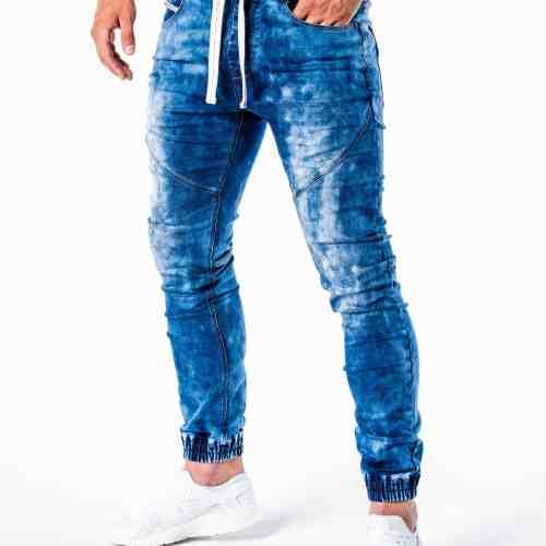 Blugi pentru barbati, albastru inchis cu siret, elastici, slim fit - P174