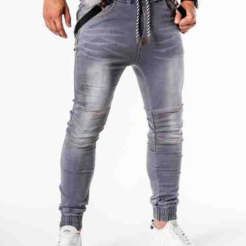 Blugi pentru barbati, gri, cu bretele. slim fit, conici, siret impletit, casual, skinny, banda jos - P448