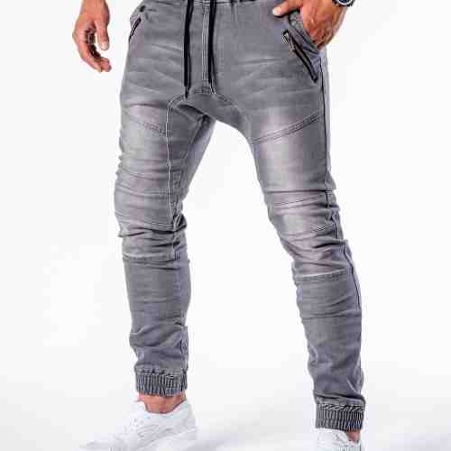 Blugi pentru barbati, gri cu siret, elastici, slim fit cu buzunare decorative - P404