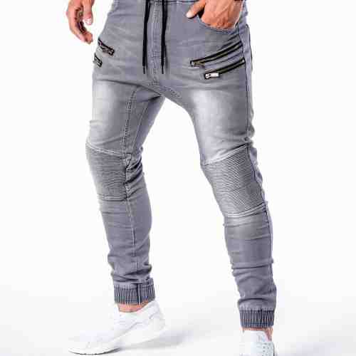 Blugi pentru barbati, gri cu siret, elastici, slim fit cu buzunare decorative - P405