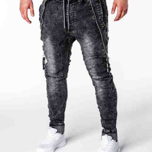 Blugi pentru barbati, negri cu siret, elastici, semi-tur, slim fit, banda jos - P647