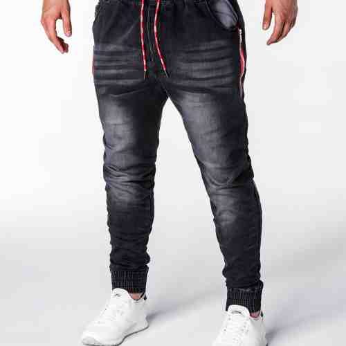 Blugi pentru barbati, negri cu siret, elastici, semi-tur, slim fit, banda jos - P648