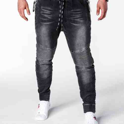 Blugi pentru barbati, negri cu siret, elastici, semi-tur, slim fit, banda jos - P649