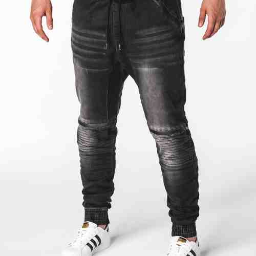 Blugi pentru barbati, negri cu siret, elastici, semi-tur, slim fit, banda jos - P651