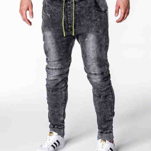 Blugi pentru barbati, negri cu siret, elastici, semi-tur, slim fit, banda jos - P652