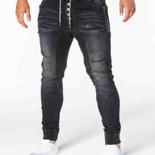 Blugi pentru barbati, negri cu siret, elastici, slim fit, banda jos - P198