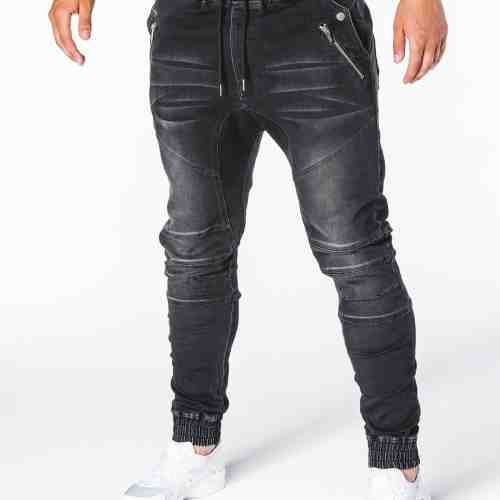Blugi pentru barbati, negri cu siret, elastici, slim fit cu buzunare decorative - P404