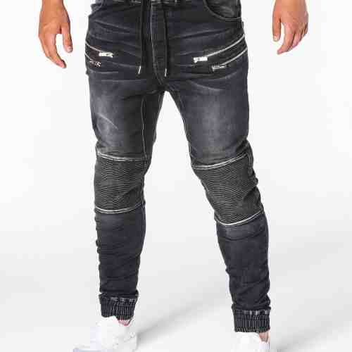 Blugi pentru barbati, negri cu siret, elastici, slim fit cu buzunare decorative - P405