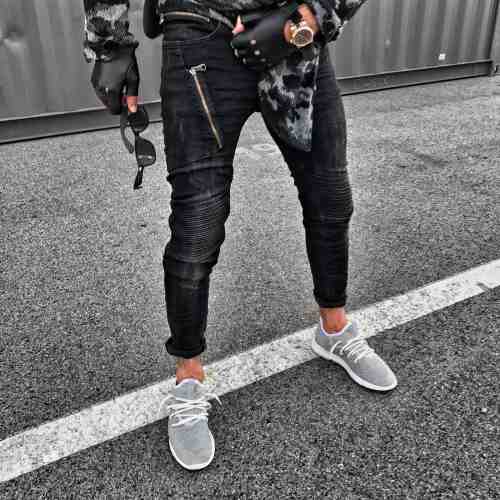 Blugi pentru barbati, negri, slim fit, conici, casual, skinny, fermoare decorative - BR-05