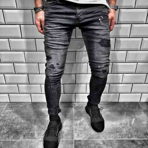 Blugi pentru barbati, negri, slim fit, conici, casual, skinny, rupturi decorative - BR-02