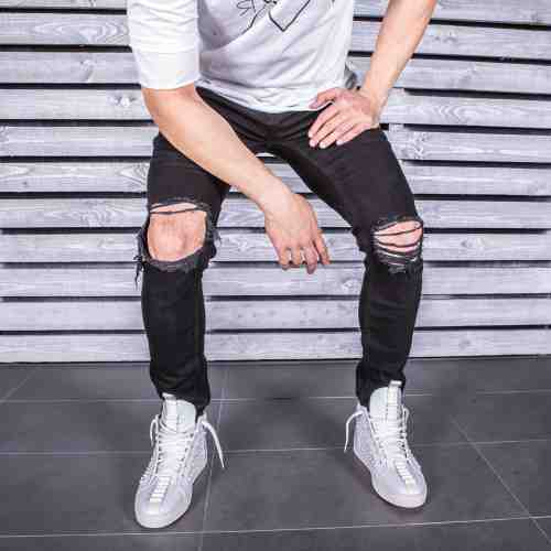Blugi pentru barbati, negri, slim fit, conici, casual, skinny, rupturi genunchi - 0051