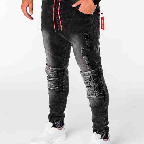 Blugi pentru barbati, negru, cu siret rosu, model genunchi, elastici, slim fit - P676