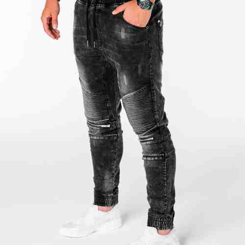 Blugi pentru barbati, negru, cu siret rosu, model genunchi, elastici, slim fit - P677