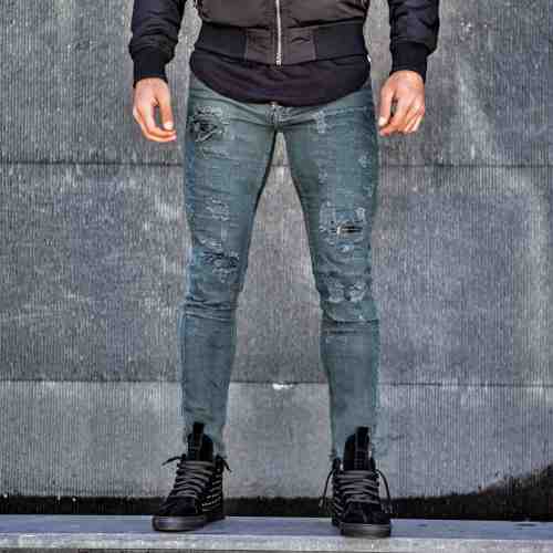 Blugi pentru barbati, verzi, slim fit, conici, casual, skinny, rupturi decorative discrete - 0067