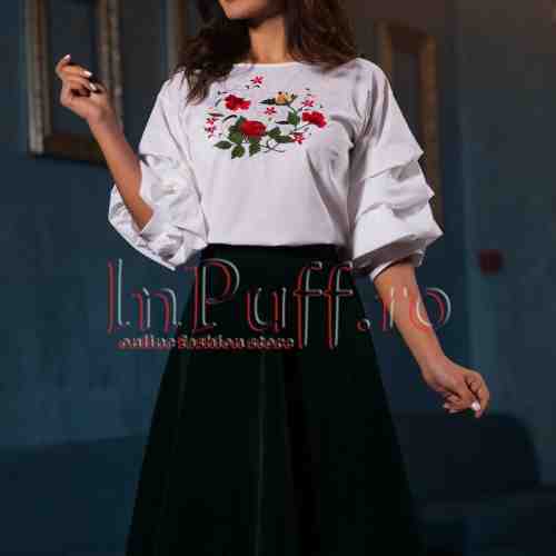 Bluza ivoire eleganta cu maneci bufante si broderie florala