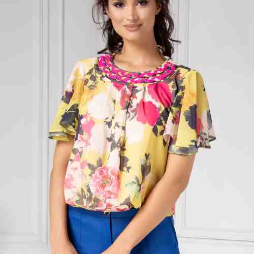 Bluza LaDonna galbena vaporoasa cu imprimeu fucsia