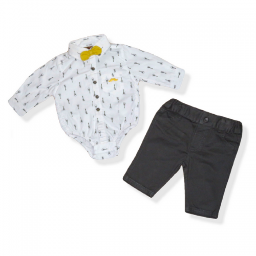 Body elegant cu papion galben si pantaloni gri