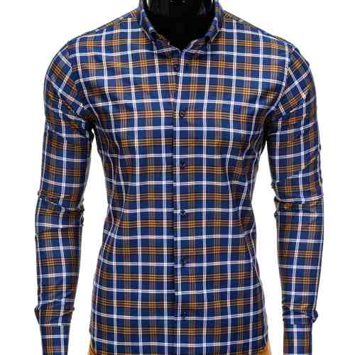 Camasa pentru barbati, in carouri, albastru cu galben, cu guler, slim fit, elastica, bumbac - K359