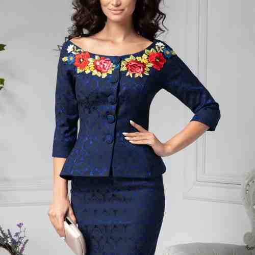 Compleu dama bleumarin cu detalii florale si broderie
