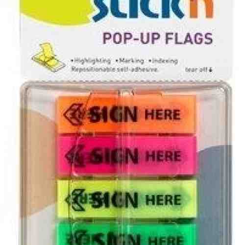 Film index autoadeziv 45 x 12mm, 5 x 30file/set, Stickn Pop-up (sign here) - 5 culori fluorescente"
