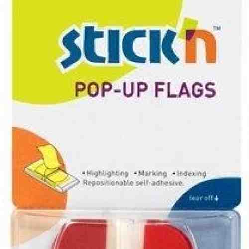 Film index autoadeziv 45 x 25mm, 36file/set, colturi rotunjite, dispenser, Stick"n Pop-up-transp/rosu