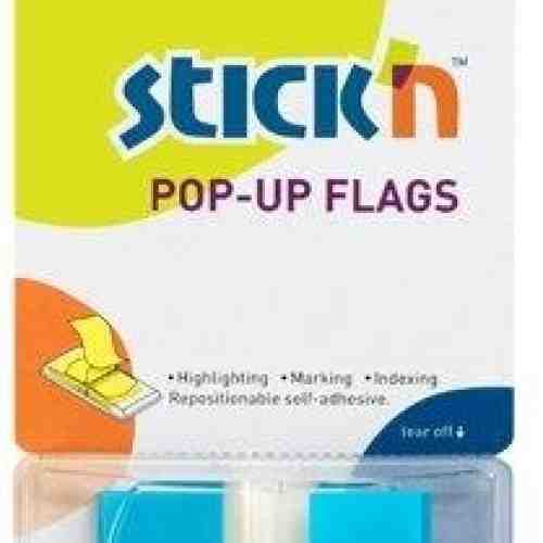 Film index autoadeziv 45 x 25mm, 50 file/set, cu dispenser, Stick"n Pop-up - transparent/albastru