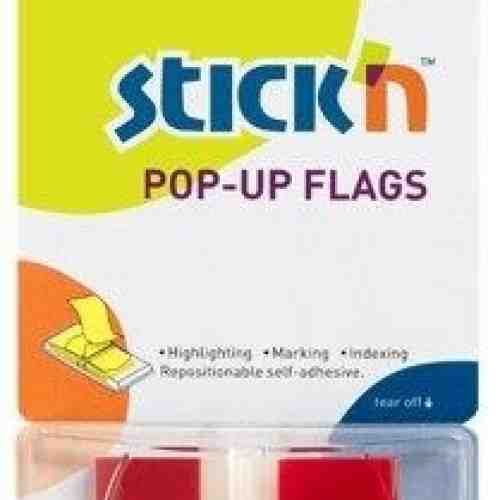 Film index autoadeziv 45 x 25mm, 50 file/set, cu dispenser, Stick"n Pop-up - transparent/rosu