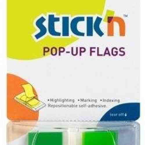 Film index autoadeziv 45 x 25mm, 50 file/set, cu dispenser, Stick"n Pop-up - transparent/verde