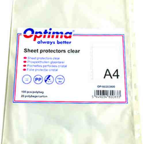 Folie protectie pentru documente A4, 40 microni, 100/set, Optima - cristal