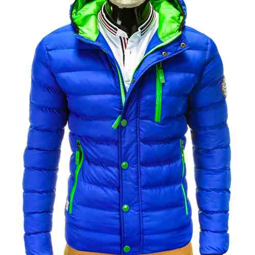 Geaca pentru barbati, albastru, ideal ski, de iarna cu gluga, fermoar si nasturi, model slim - C124